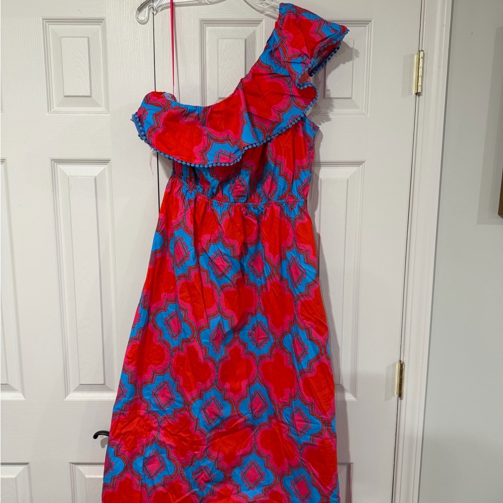 Sugarlips Red and Blue One-Shoulder Printed Dress